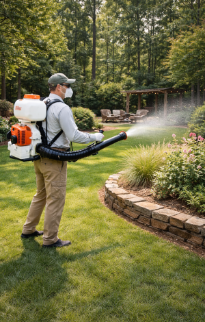 Technician spraying insecticide in garden